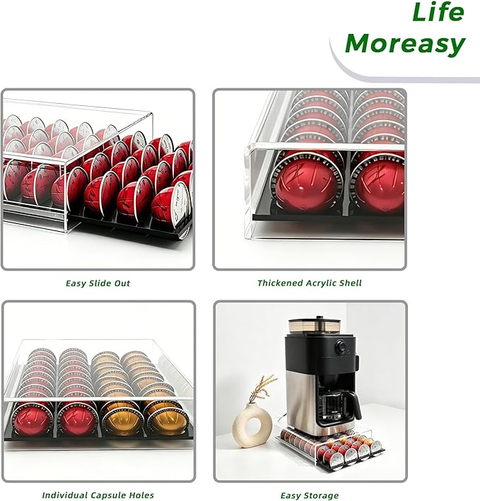 Lovemolly Acrylic Capsule Drawer for Nespresso Vertuo, 40 Pod Coffee Organizer with Thickened Shelf Hold Up to 22 lbs, Countertop Storage Fits Under Coffee Maker, 15"L x 10.7"W x 2.9"H