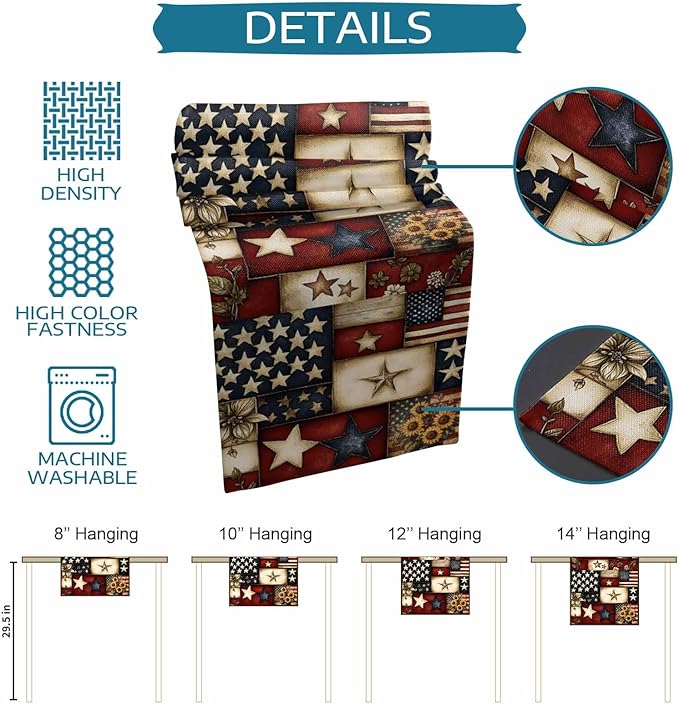 Red Blue American Flag Table Runner 36 Inch Small Dresser Scarves 4th of July Cotton Linen Tablerunners Patriotic Farmhouse Star Dining Kitchen Burlap Table Setting Decor for Party Holiday, 13"x36"