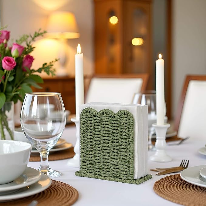CubesLand Scalloped Edge Napkin Holder for Table Home Rustic Room Decor, Standing Paper Rope Napkin Dispenser for Kitchen Dining Hotel, Cocktail Napkin Holder for Indoor & Outdoor Party, Green