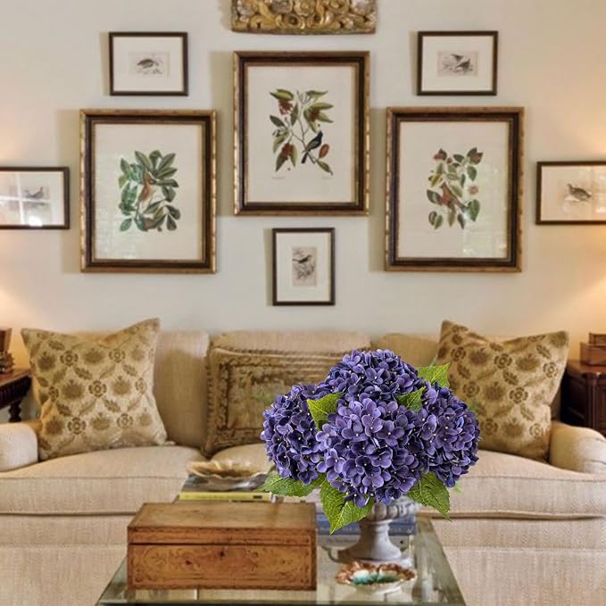 JINWOE Puple Hydrangea Artificial Flowers, 4Pcs 20" Lifelike Latex Silk Real Touch Faux Hydrangea Flowers, Artificial Hydrangeas Bouquet for Wedding Centerpieces Tables Party Home