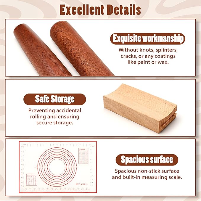 4 Pcs Sapele Wood French Rolling Pin Set Tapered and Mini Wooden Rolling Pins(15.7inch, 7.8inch)with Silicone Baking Mat and Beech Wood Base for Baking Fondant Pizza Pasta Pie Crust Pastries