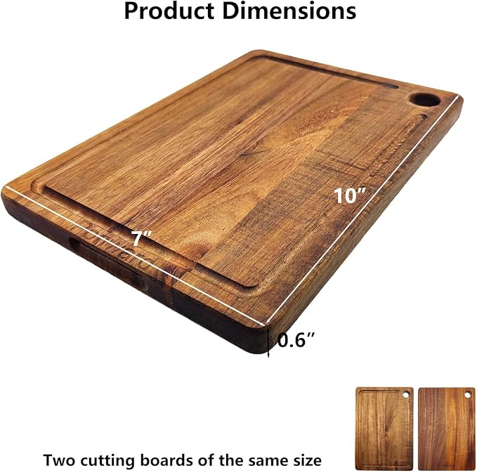 Small Acacia Wood Cutting Board Set of 2, Compact Wooden Chopping Board for Kitchen with Juice Grooves and Hanging Hole, Mini Cutting Board for Vegetables, Fruit, Bread, Meat, 10" x 7"
