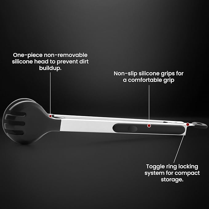 12 Inch Kitchen Tongs for Cooking, 600ºF Heat Resistant 2-in-1 Cooking Tongs with Silicone Tip & Measure Spoon Pasta Tongs Spaghetti Tongs for Tossing Salad, Serving Food, Non-Stick (12"-Round Head)
