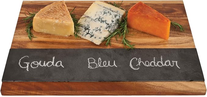 Twine Rustic Farmhouse Wood with Slate Cheese Board and Chalk Set, Acacia Wood and Natural Slate Cutting Board, Soapstone Chalk, 15" by 11", Gourmet Gift Set