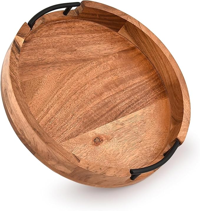 NIRMAN Acacia Wood Tray Round Rustic Farmhouse Wooden Platter for Coffee Table, Ottoman, Drinks, Breakfast with 2 Black Iron Handles (12" X 12" X 1.6")