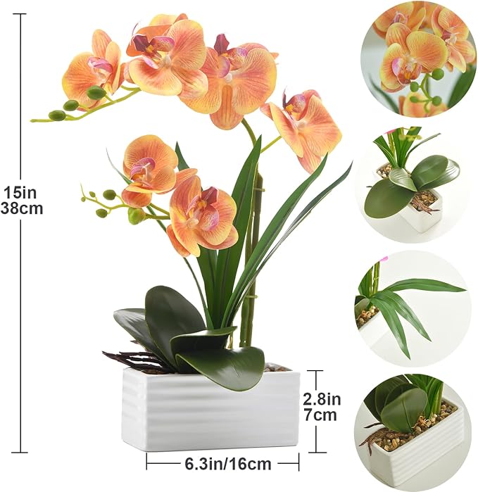 Artificial Real Touch Orchid Flowers in Pot Fake Phalaenopsis Flower with White Ceramic Vase Faux Orchids Arrangement for Home Table Office Wedding Party Decoration (Orange)