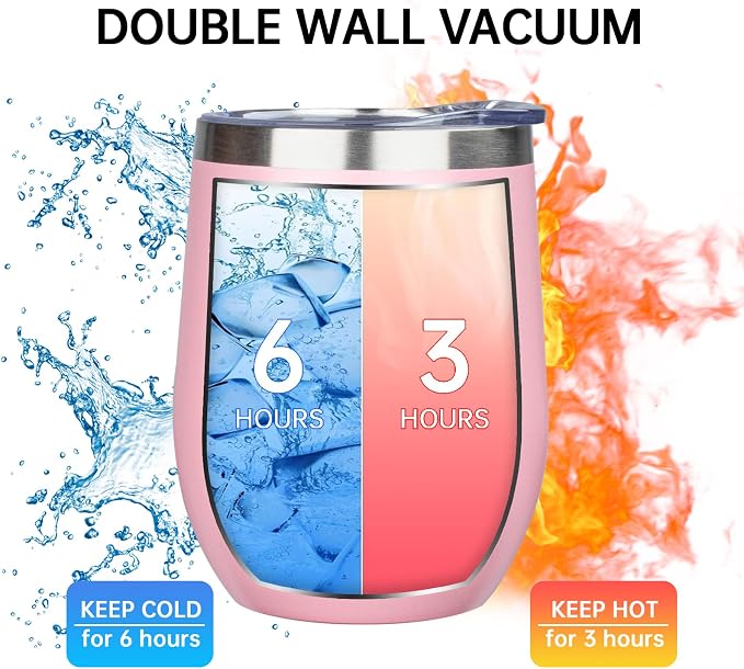MEZMUT 12 Oz Insulated Wine Tumbler with Lid Double Wall Vacuum Stainless Steel Wine Glass Coffee Mug Insulated Tumbler Cup for Champaign, Cocktail, Beer (Pink, 4 Pack)