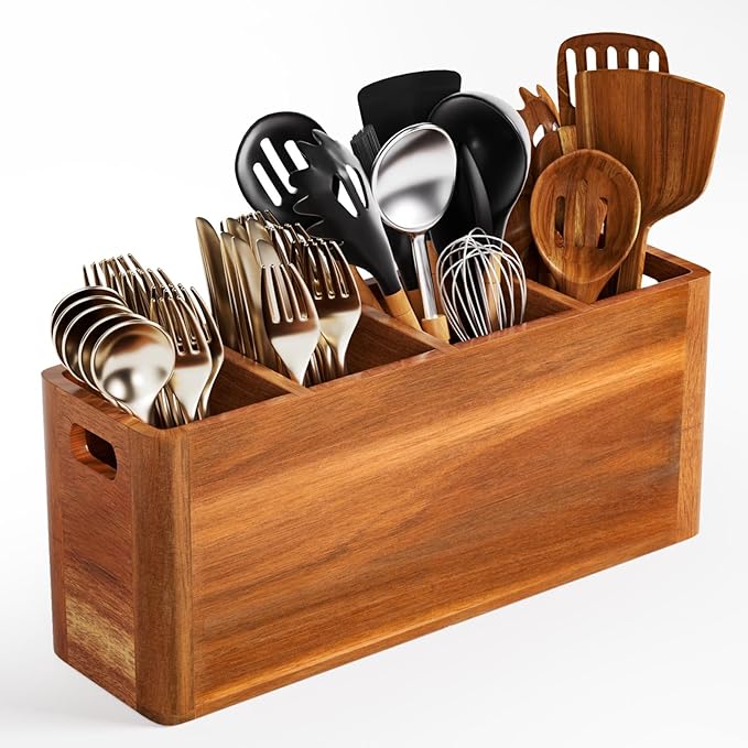 Extra Large Utensil Holder for Kitchen Counter, Acacia Wooden Utensil Holder with 4 Compartment, Kitchen Counter Organizer for Storage Spatula and Silverware, Ideal Christmas Gift for Farmhouse Decor