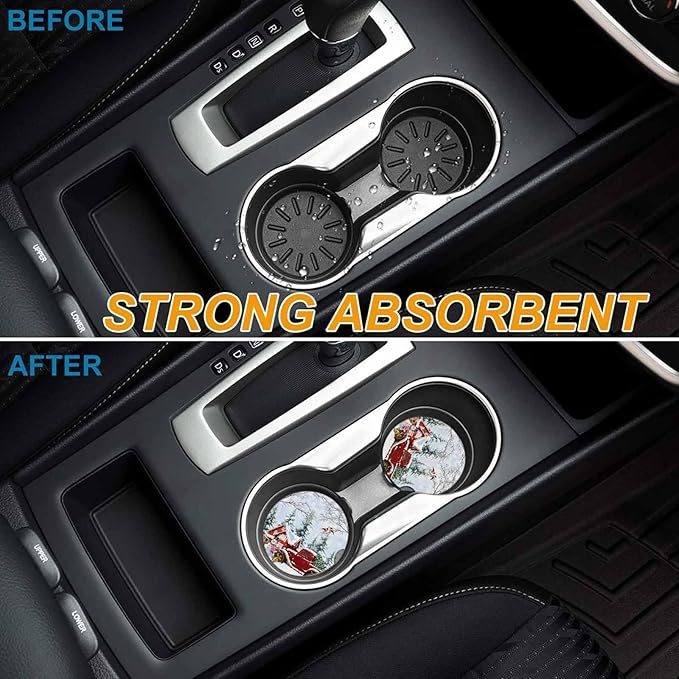 Car Coasters for Cup Holders 2.6"Dia Absorbent Coasters Set of 6 Car Interior Accessories for Women Men Ceramic Car Coaster for Drinks with Finger Grooves,Christmas Winter Snowflakes Snowman Truck Red