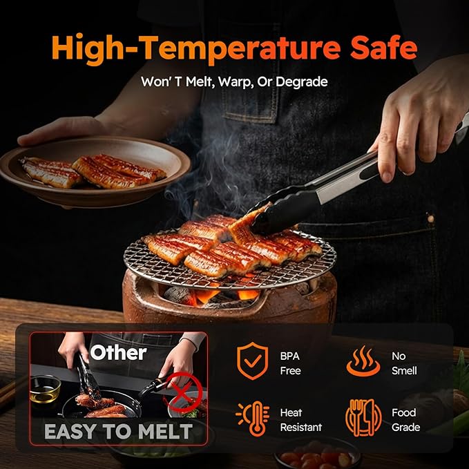 HST Tongs for Cooking with Silicone Tips(3 Pack), Non Stick Kitchen Tongs with Silicone Tip for Cooking BBQ Baking (12", Black)