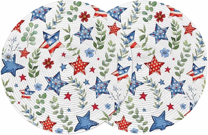 4th of July Round Placemats Set of 2 Patriotic Star Floral Place Mats Independence Day Woven Placemat Green Eucalyptus Leaves Circle Braided Table Mat for Kitchen Dining Table Party Decor 15 Inch