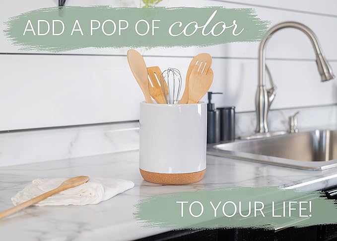 Elanze Designs Glossy X-Large Ceramic Stoneware Cork Bottom Kitchen Utensil Holder, White