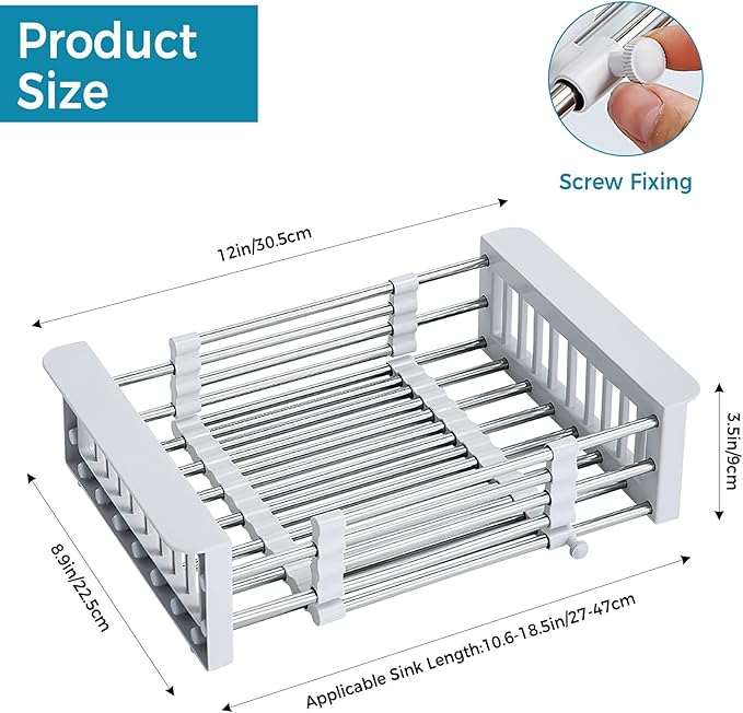 COVRA Over Sink Dish Drying Rack, Stainless Steel Drainer for 10.6"-18.5" Sinks (Square Sinks ONLY), Kitchen Countertop Organizer for Dishes, Vegetables, and Fruits(Gray)