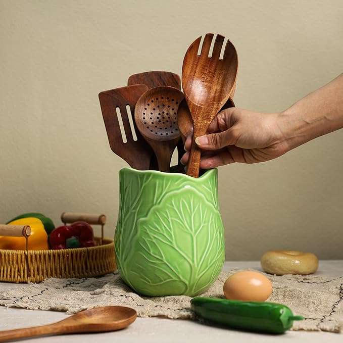 Ceramic Green Cabbage Kitchen Utensil Holder, Large Cooking Utensil Crocks for Countertop, Ocean Style Utensil Organizer for Spatula and Home, B
