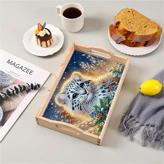 DIY Diamond Serving Tray with Handle Handmade Diamond Art Painting Wooden Rectangular Breakfast Tray for Dinner Plate Coffee Room Living Home Organizer-Tiger