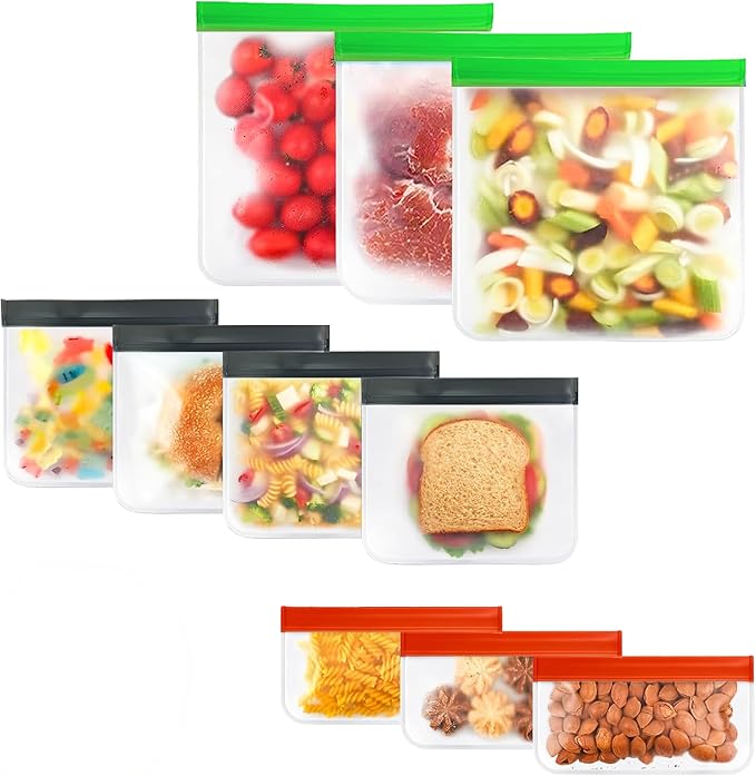 10-Pack Reusable Silicone Food Storage Bags – BPA-Free, Leakproof Ziplock Set | Includes 3 Snack, 4 Sandwich & 3 Gallon Sizes | Eco-Friendly & Plastic-Free Freezer-Safe for Meal Prep & Food Storage