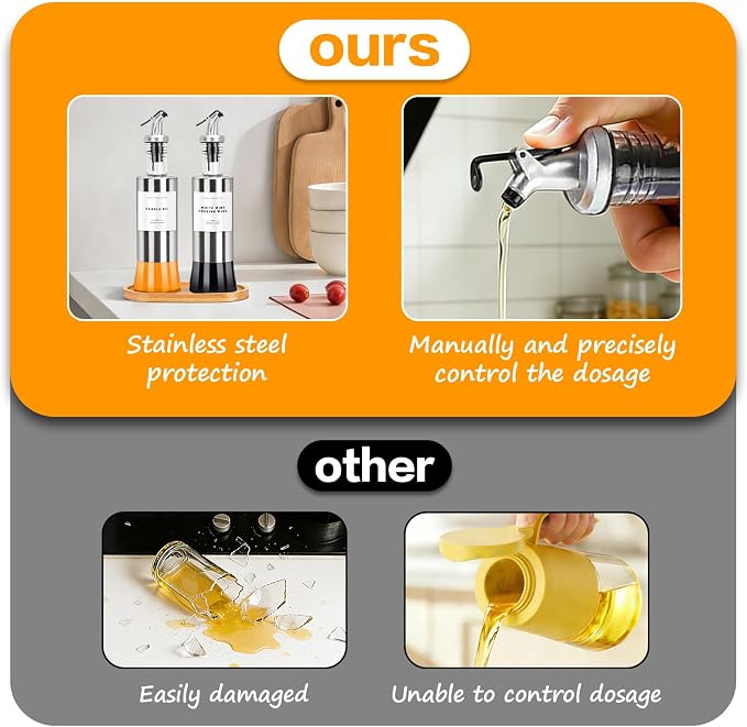 Olive Oil Dispenser Bottles for Kitchen with Bamboo Tray, Oil and Vinegar Dispenser Set, Stainless Steel Glass Dispensers, 300ml - Set of 2