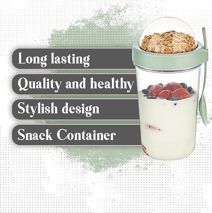 Hakan 15 oz Glass Muesli Container, Cereal Container Storage, Reusable Snack Cup with Lid, Cereal On the Go Cup, Meal Prep Container, Container with Lid for Yogurt, Snack, Fruit, Custard