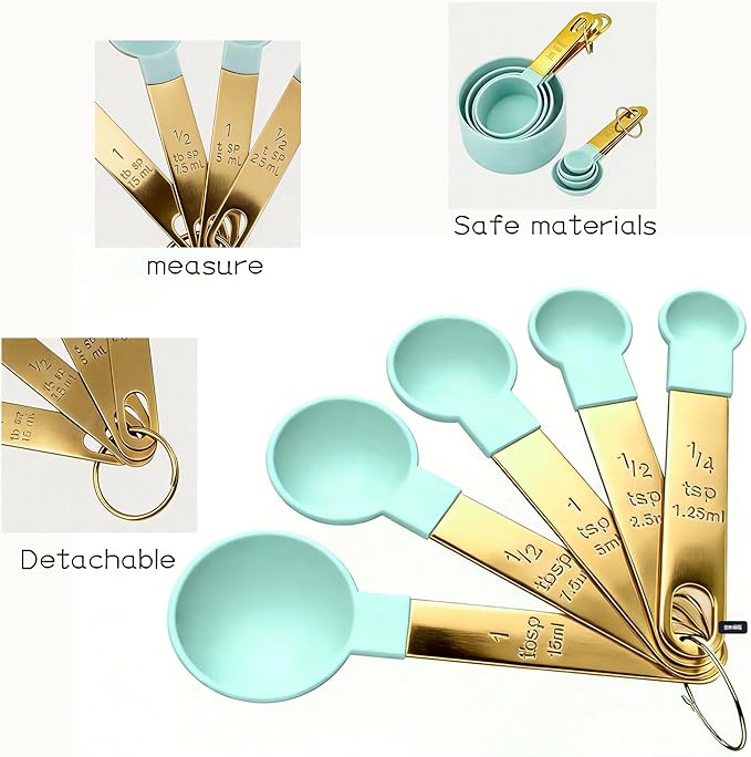 10-Piece Measuring Cups and Spoons Set, PP with Sturdy Titanium Gold Plated Handles, Nested Kitchen Measuring Tools for Dry and Liquid Ingredients,Mint Green