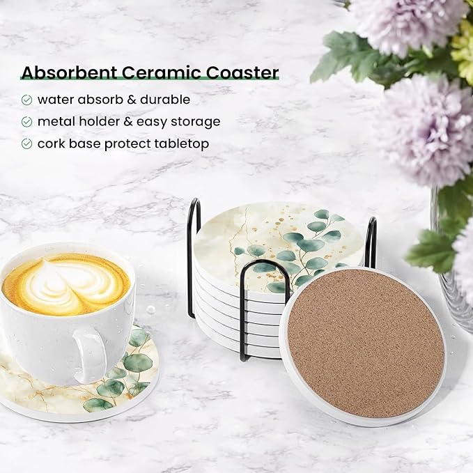 Eucalyptus Green Leaves Beige Marble Coasters Set of 6 for Drinks,Round Absorbent Ceramic Stone Coaster with Metal Holder,Herbs Plant Coasters with Cork Base for Coffee Kitchen Party Gifts