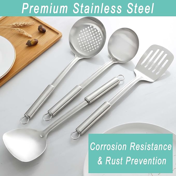 Pleafind Cooking Utensils Set - 4 Pcs Stainless Steel Kitchen Utensils, Wok Utensils Set Includes Spatula, Slotted Spatula, Ladle, Slotted Spoon, Ergonomic Handle & Heat Resistant, Dishwasher Safe