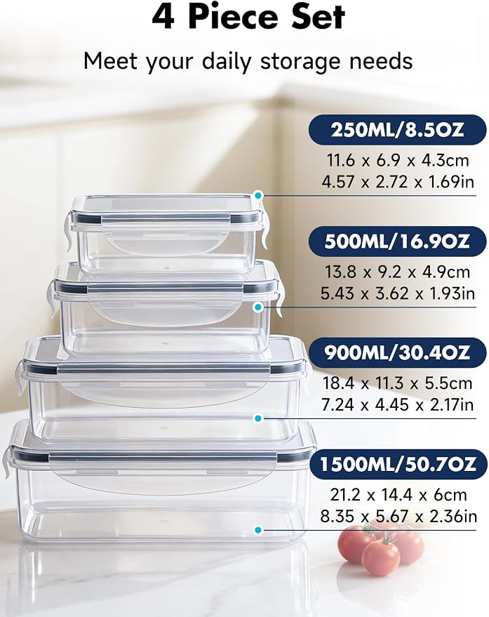 Geedel Food Storage Containers with Lids, Airtight Leakproof Lunch Meal Prep Containers, Stackable Microwave Freezer Dishwasher Safe Plastic Food Containers for Kitchen Organization, Set of 4, Clear
