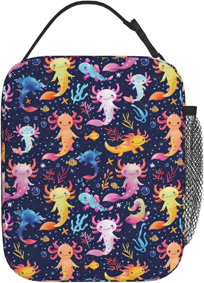 Reusable Axolotl Lunch Box for Kids Girls Boys Women Adult, Insulated Coral Reef Lunch Bag,Polyester Cooler Cute Handbags Case for School Picnic Work Travel Beach or Hiking (Dark Blue)