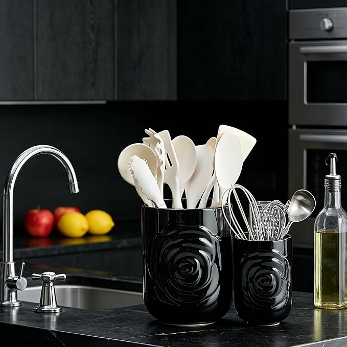 Large Utensil Holder Set of 2, 7.5"+ 5.5" - Ceramic Rose Kitchen Countertop Utensil Crock for Spatulas, Spoons & Cooking Tools, Farmhouse Kitchen Counter Decor, Black