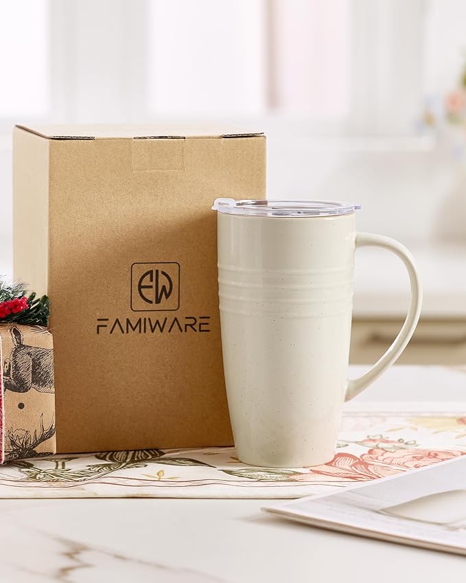 famiware Jupiter Large Coffee Mug, 20oz Coffee Mug with Lid, Ceramic Cup with Handle for Latte, Tea, Cocoa, Milk, Home & Office, Microwave and Dishwasher Safe, Vanilla White