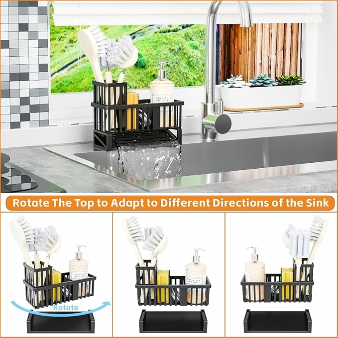 Yieach Rustproof Sink Caddy & Kitchen Sink Organizer,Plastic Dish Sponge Holder with High Scrub Brush Holder,Sponge Rack for Kitchen Sink,Multifunctional Sponge Drain Rack,Dish Soap Caddy & Dispenser