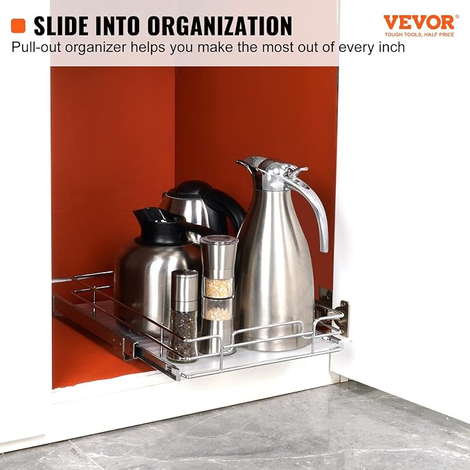 VEVOR 12.5"Wx16.5"Dx3.5"H Pull Out Cabinet Organizer, Heavy Duty Slide Out Pantry Shelves, Chrome-Plated Steel Roll Out Drawers Storage, for Home, Under Sink, 14"Wx17.5"Dx7"H Install Size for Cabinet