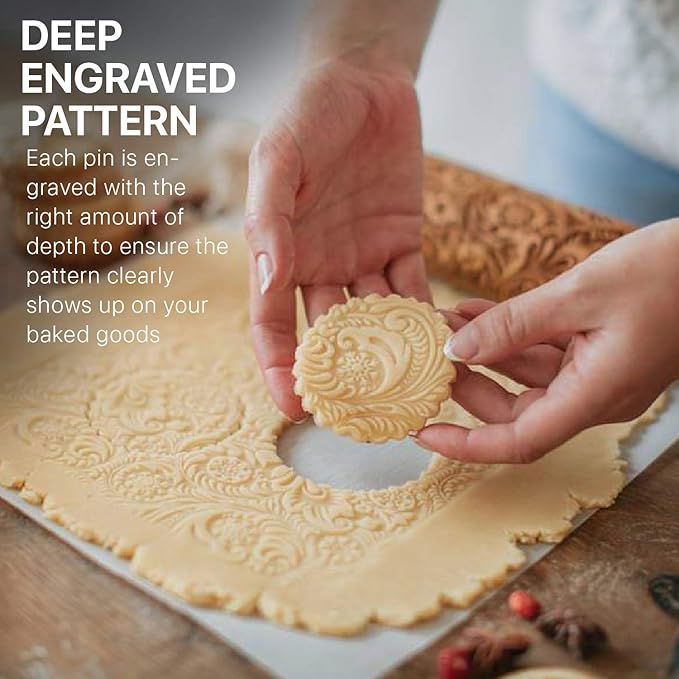 Flexzion Embossed Rolling Pins with Patterns for Baking, 7.7-inch Engraved Wooden Rolling Pin with Snowflake Flower Pattern Rolling Pin for Baking Pastry Pizza Dough Fondant Cookie Pie Crust Pasta