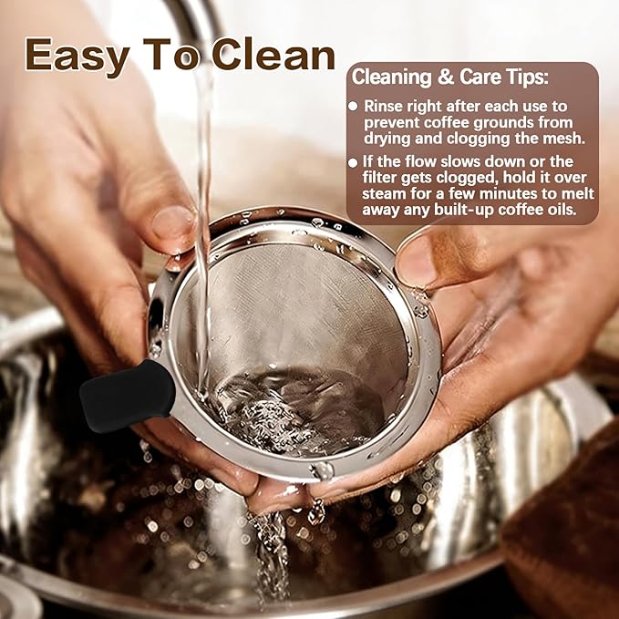 Pour Over Coffee Dripper, Stainless Steel Coffee Filter, Paperless Reusable Coffee Filter, Double Micromesh 600 Mesh Strainer Coffee Maker with Heat-Resistant Silicone Handle & Base for 1-2 Cup