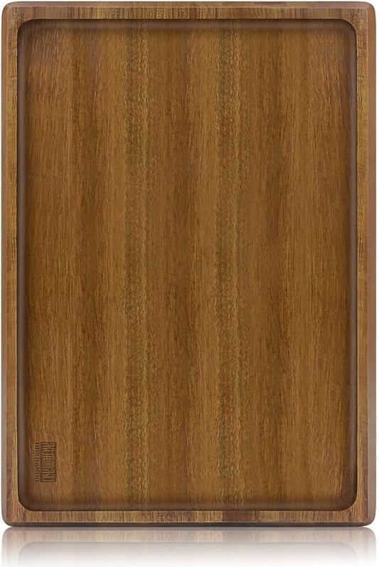 HOSHANHO Solid Acacia Wood Serving Tray, 14 x 10 Inch Rectangular Charcuterie Board with Non-Slip Feet, Wooden Platter for Party, Cheese, Kitchen, Home Decor, Food Serving Dish