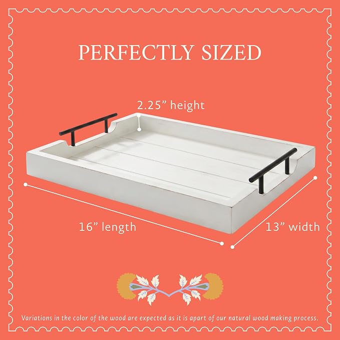 Mela Artisans 16 x 13 x 2.25 in Acacia Wood Serving Tray with Handles – Shabby White Rectangular Wooden Tray for Breakfast in Bed, Coffee Table Decor & Home Display