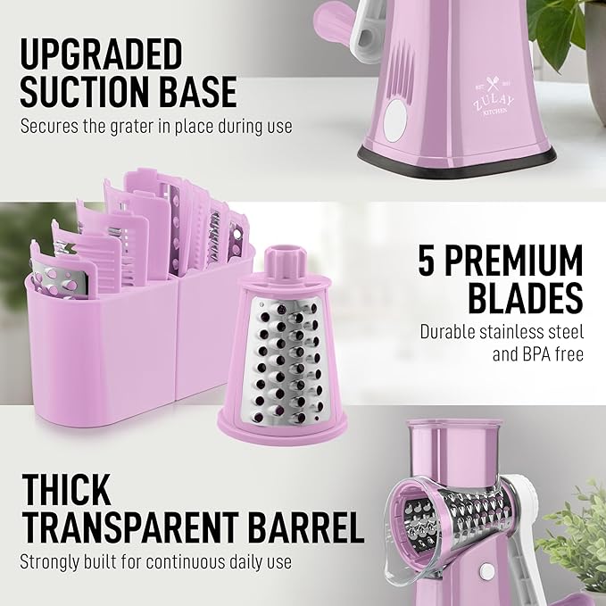 Zulay Kitchen Rotary Cheese Grater 5 Blade Cheese Shredder - Manual Hand Crank Cheese Grater With Reinforced Suction & 5 Interchangeable Drums - Easy to Use, Vegetable Chopper Round Mandoline Slicer