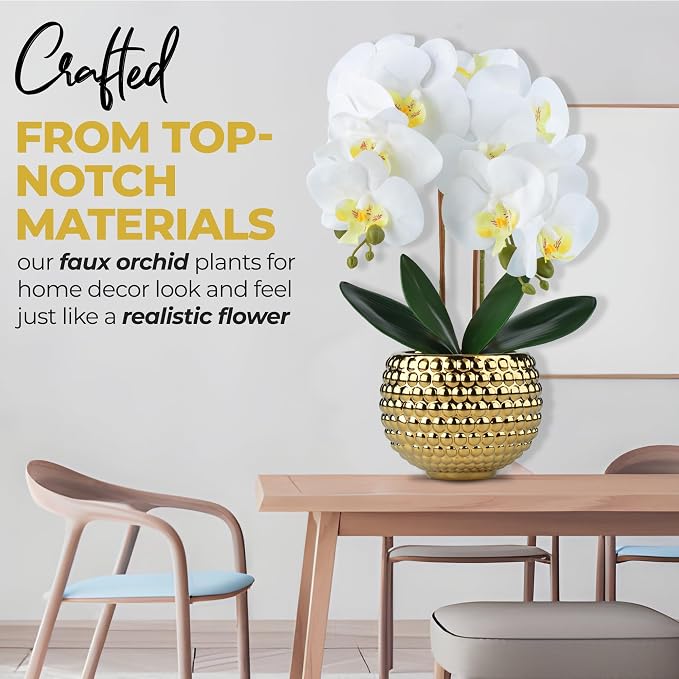 Large Orchids Artificial Flowers, 17'' White Faux Orchids with Gold Pot for Living Room Decor, White Faux Orchid Plant for Bathroom Kitchen Home Indoor Hotel Decor (Large Gold)