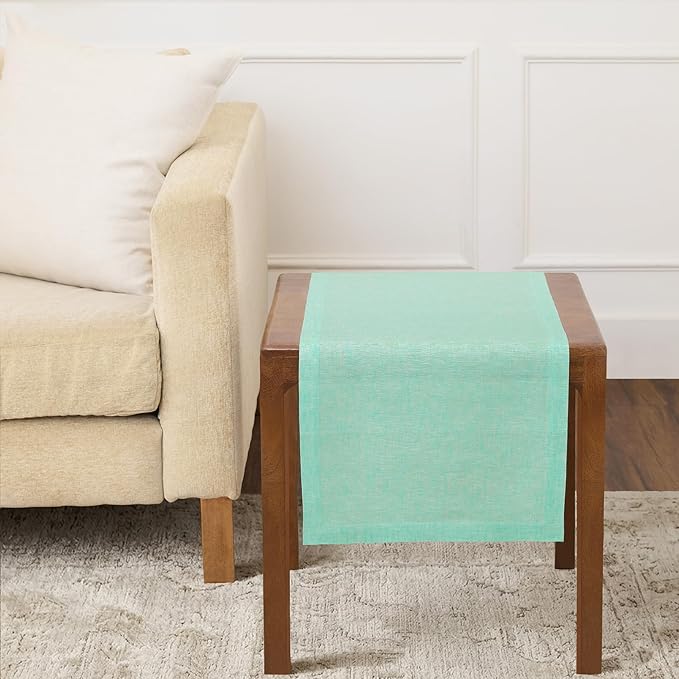 Solino Home Linen Table Runner 36 Inches - 100% Pure Linen Chambray Aqua Table Runner 14 x 36 Inch Ideal for Dresser and Coffee Tables - Athena, Spring, Summer