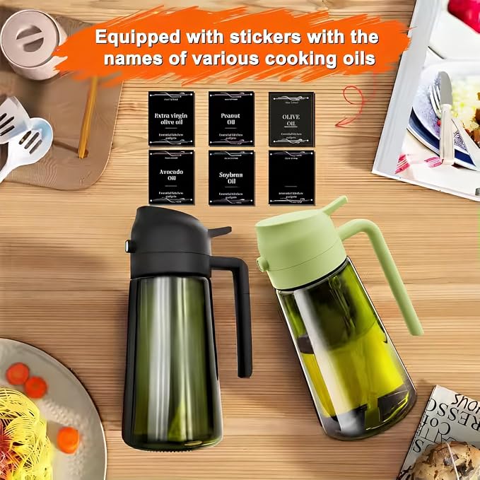 Oil Sprayer for Cooking, 2 Pack Olive Oil Sprayer Bottle, 16oz Glass Oil Dispenser for Kitchen, Fine Mist Spray & Pour, BPA-Free, Refillable, Leakproof, Air Fryer, Salad, BBQ & Cooking