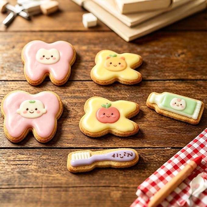 6 Pieces Tooth Cookie Cutters Set, Stainless Steel Dental-Themed Biscuit Molds Includes Teeth, Toothpaste, Toothbrush for Baking, Dental Party, Kids Birthday, Dentist Appreciation, Halloween Treats