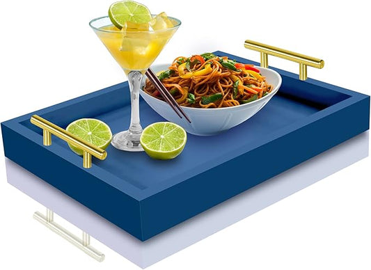 JollyCaper - Coffee Table Tray - with Metal Handles for Serving, Home Decor, Bathroom, Ottoman Design, Wooden Tray 16x12in (Navy Blue)