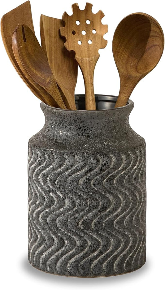 Farmhouse Ceramic Farmhouse Kitchen Utensil Holder for Countertop, Rustic Cooking Utensil Holder Crock Fit for Kitchen Counter