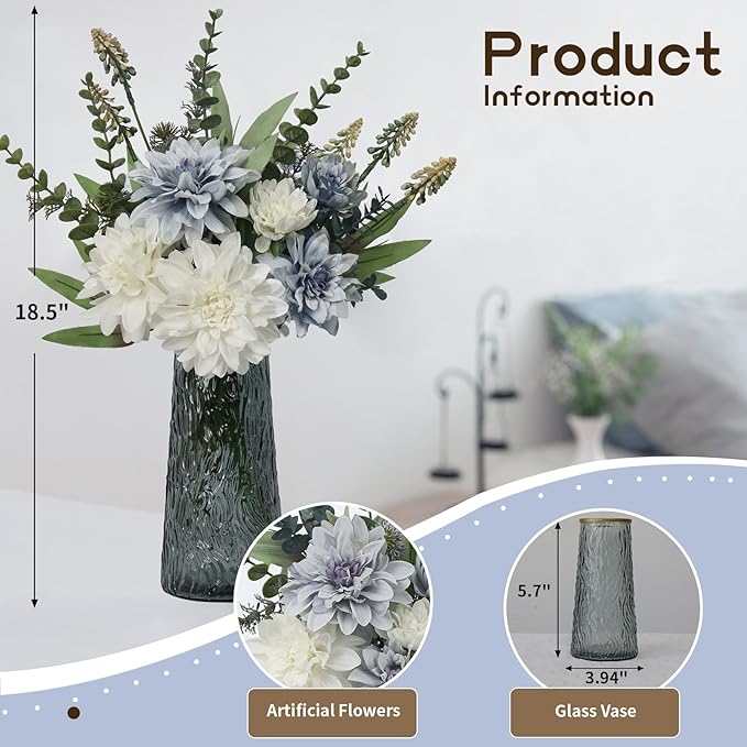 Fake Flowers with Vase,Silk Artificial Flowers in Vase,Fake Plants and Faux Flower Arrangement for Centerpiece Kitchen Table Decorations,Home Decor
