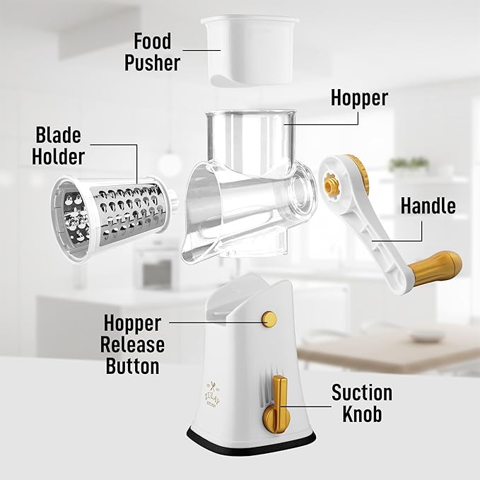 Zulay Kitchen Rotary Cheese Grater 5 Blade Cheese Shredder - Manual Hand Crank Cheese Grater With Reinforced Suction & 5 Interchangeable Drums - Easy to Use, Vegetable Chopper Round Mandoline Slicer