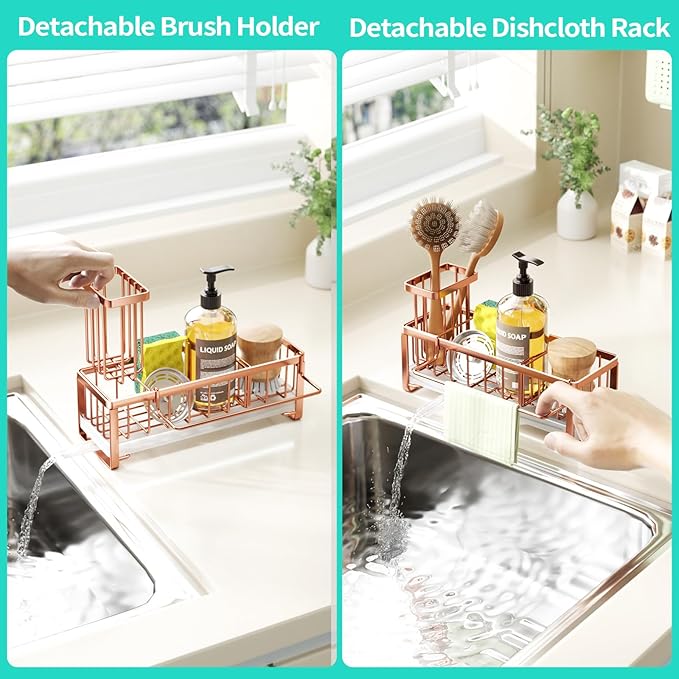 HapiRm Sponge Holder for Kitchen Sink - Self-draining Sink Caddy with Brush and Dishcloth Holders, Stainless Steel Kitchen Organizer for Countertop - Rose Gold