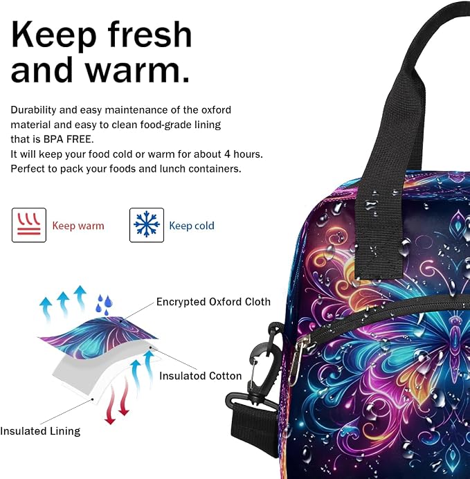 Pardick Galaxy Butterfly Insulated Lunch Bag for Women Girl Reusable Lunch Tote Box With Shoulder Strap Lightweight Thermal Cooler Meal Prep Bag for Work School Office Picnic