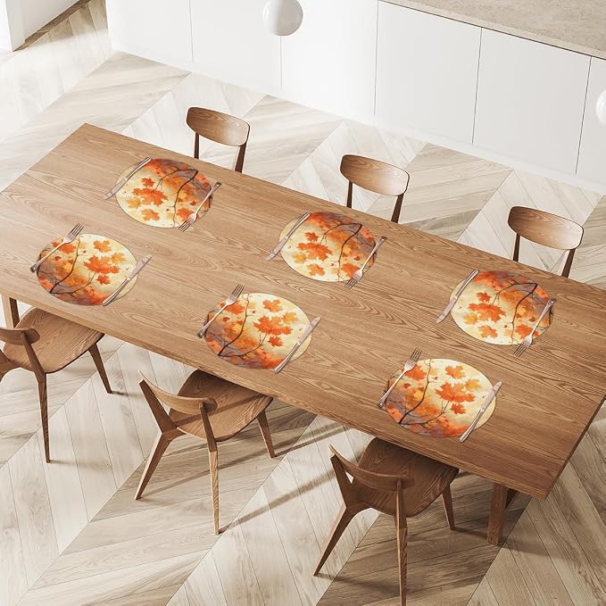 Round Placemats Set of 4, Fall Maple Leaves Branches Woven Placemats Mats Non-Slip Heat Resistant Washable Table Mats Round Braided Place for Farmhouse Kitchen Dining Party Decor 15in