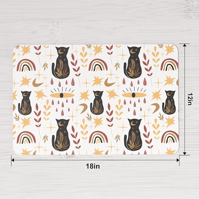 QIYI Placemats Set of 6, 12x18 Inch Faux Leather Place Mats for Kitchen Dinning, Heat Resistant Anti Slip Folk Table Mats, Waterproof Wipeable Washable Placemat Party Table Décor, Boho Black Cats