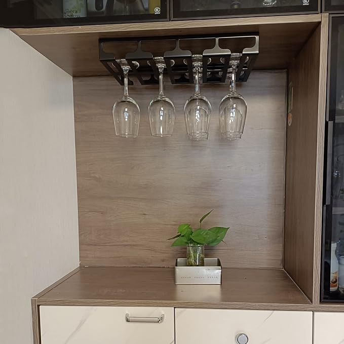 41cm/16in Modern Metal Wine Glass Holder - Under Cabinet Stemware Hanging Rack - Wine Glass Storage Organizer Rack, 4 Row (Color : Brown)