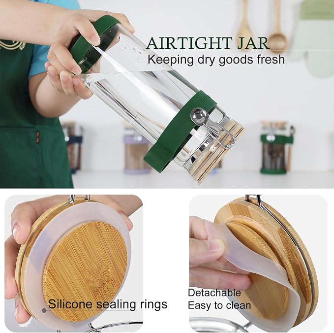 KKC Airtight Glass Matcha Container with Spoon - 1200ml (40oz) Large Matcha Storage Jar with Bamboo Lid to Preserve Freshness, Food-Grade Canister for Matcha Powder, Tea